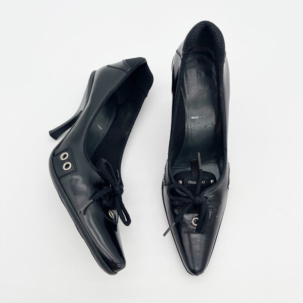 Miu Miu Vintage Late 90s Black Leather Bubble Sole Lace Up Sporty Heels IT 36.5